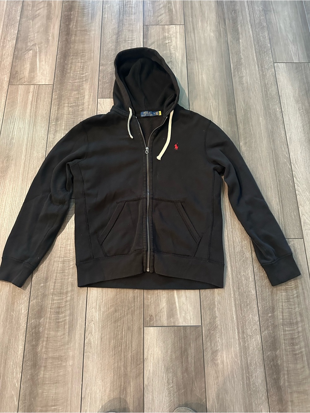 Ralph Lauren Black Zip-Up Hoodie with Red Polo Emblem